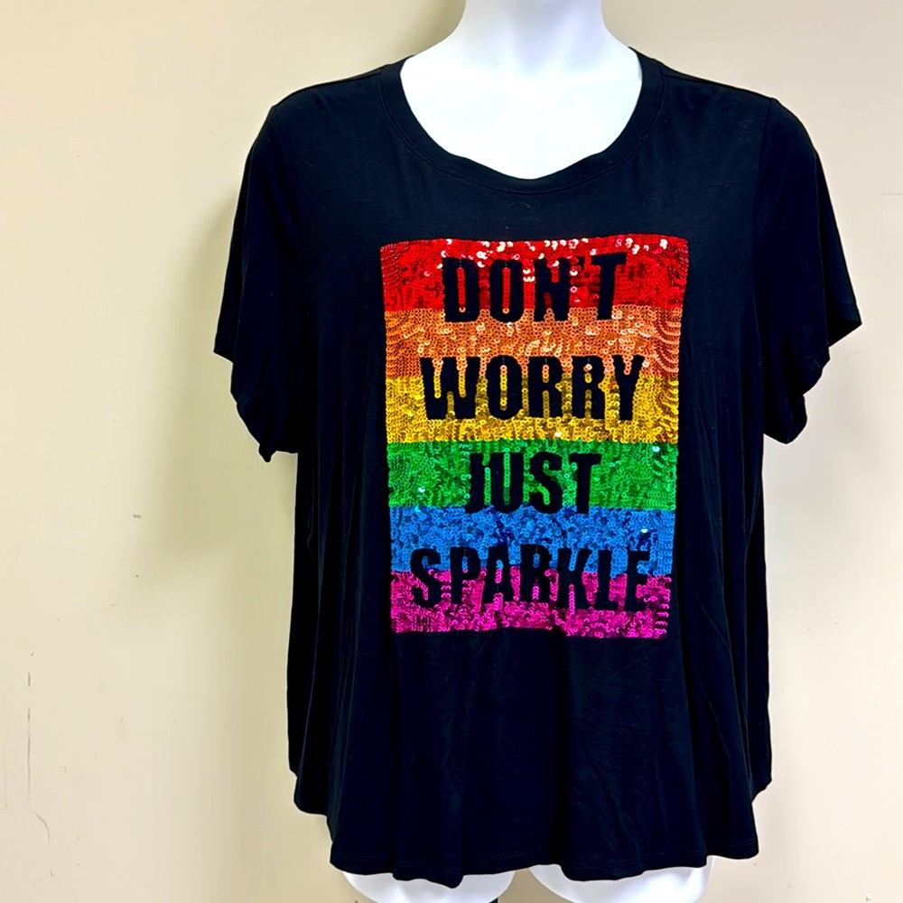 INC International Concepts Black Short Sleeve Tee with Rainbow Sequin Slogan